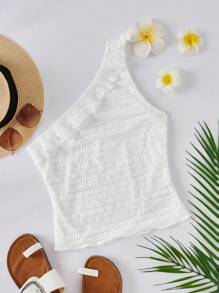 Forever 21 Summer White Asymmetric Ruffle Trim One Shoulder Top