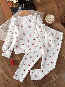2pcs Young Girl Lightweight Knit Ruffled Collar Splicing Long Sleeve Top And Matching Comfy Pants Set, Spring/Autumn - White - View 2