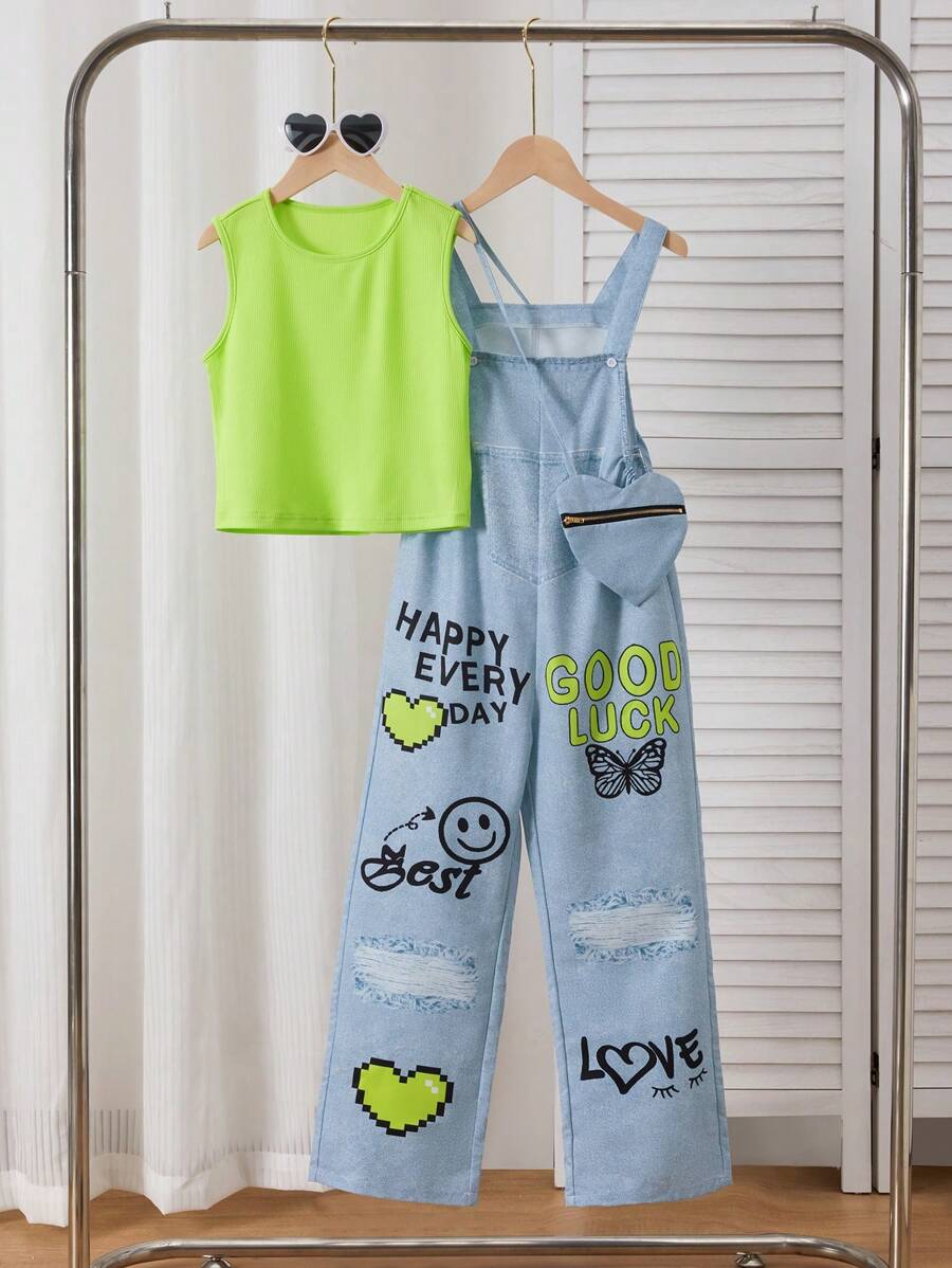 2pcs Tween Girl Casual Denim Effect Suspender Pants And Tank Top Set - Multicolor - View 1