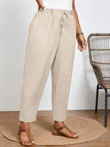 SHEIN Frenchy 加大码纯色休闲长裤，松紧腰带，斜口袋 - 杏色 - 查看 5