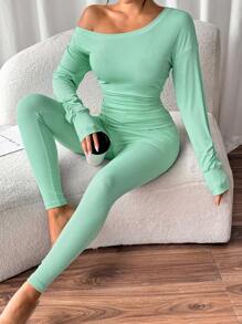 Chiquease 1 Set Women's Elegant Sexy Green Ribbed Oblique Shoulder 2-Piece Outfit - Mint Green - View 3