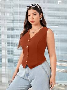 SHEIN EZwear Chaleco de traje de unicolor sin mangas para mujer de talla grande - Rosa Oxidada - Ver 6