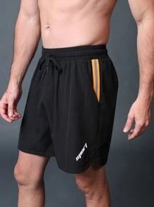 Manfinity Fitness Quần short thể thao nam kiểu boyfriend đơn giản, họa tiết in, thích hợp mặc mùa hè, màu đen. - màu đen - Xem 3