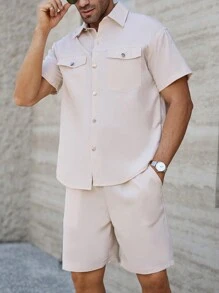 Manfinity Homme 男士纯色短袖衬衫带口袋和短裤休闲两件套，夏季 - 米色 - 查看 1