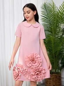 SHEIN Leap Crew Tween Girls Relaxed Fit 3D Floral Decor Peter Pan Collar Short Sleeve Solid Pink A-Line Dress - Pink - View 5