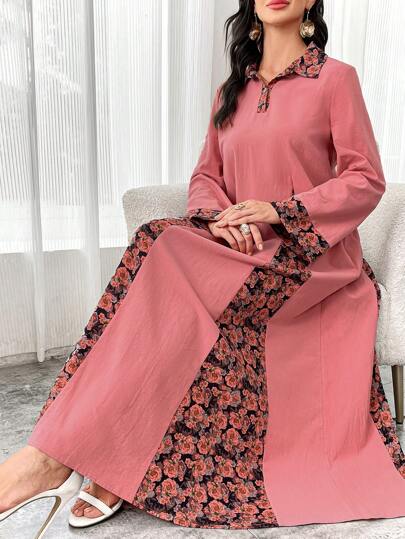 Al Najma 纯色拼布前扣长袖休闲宽松阿拉伯风格连衣裙，超长连衣裙春秋季节朴素优雅风格适合休闲日常/工作/度假/晚会/婚礼嘉宾