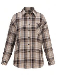 SHEIN LUNE Women's Loose Fit Plaid Print Drop Shoulder Long Sleeve Casual Shirt, Spring Summer - Khaki - View 4