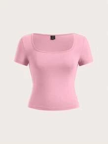 SHEIN EZwear 3pcs Pack Plus Size Women Black, White, Pink Short Sleeve Cropped Fitted T-Shirts For Summer Suitable For Going Out