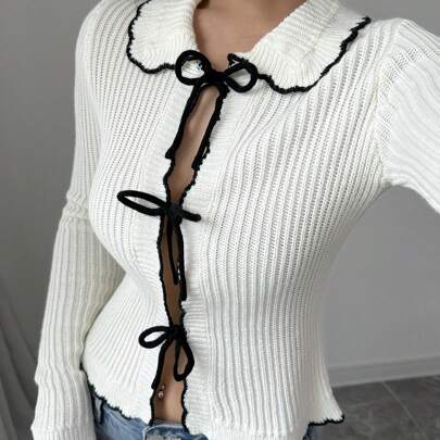 여성용 솔리드 칼라 미니멀리스트 캐주얼 브이넥 리본 장식 긴팔 가디건
