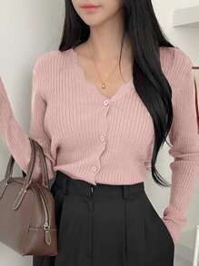 DAZY 女士休闲纯色 V 领长袖开衫毛衣，秋冬，秋季女装 - 粉色 - 查看 4