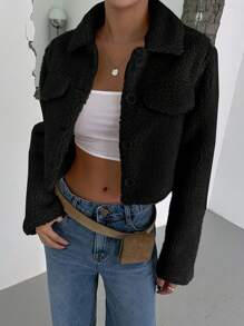 DAZY Áo khoác ngắn tay dài bằng vải nỉ trơn màu cho nữ, mùa thu đông - màu đen - Xem 3