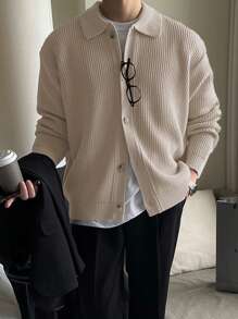 DAZY 男士纯色宽松休闲开衫长袖秋季夹克 - 杏色 - 查看 3