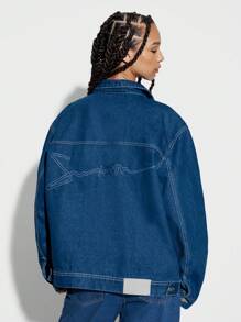 SUMWON WOMEN Denim Stitch Detail Jackets With Back Embroidery Design - Blue - View 2