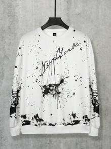 Manfinity EMRG Men's Casual Letter Print Drop Shoulder Pullover Sweatshirt, Fall/Winter - White - View 4