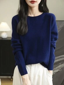 女士圆领长袖毛衣，秋冬季保暖柔软针织套头衫 - 藏蓝色 - 查看 4