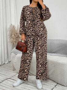 SHEIN LUNE Bộ đồ báo cỡ lớn Áo sơ mi báo tay dài có dây rút và quần báo cạp cao ống rộng Bộ đồ thường ngày cho nữ Bộ quần áo cho nữ Sân bay Bộ đồ du lịch cho nữ Sân bay - Nhiều màu - Xem 7