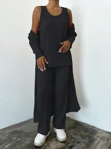 RueChic 素色背心上衣和褲子&落肩袖開門襟外套 - 深灰色 - 查看 5