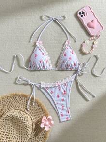 SHEIN Swim Bộ Bikini Đi Biển Mùa Hè Nữ Màu Tương Phản Ren Dây Thắt Dây Bộ Bikini Gợi Cảm - Nhiều màu - Xem 2