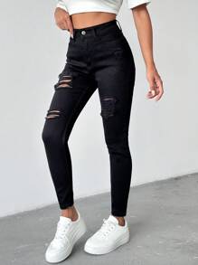 RueChic BLACK DESTROYED SKINNY HIGH WAIST JEANS