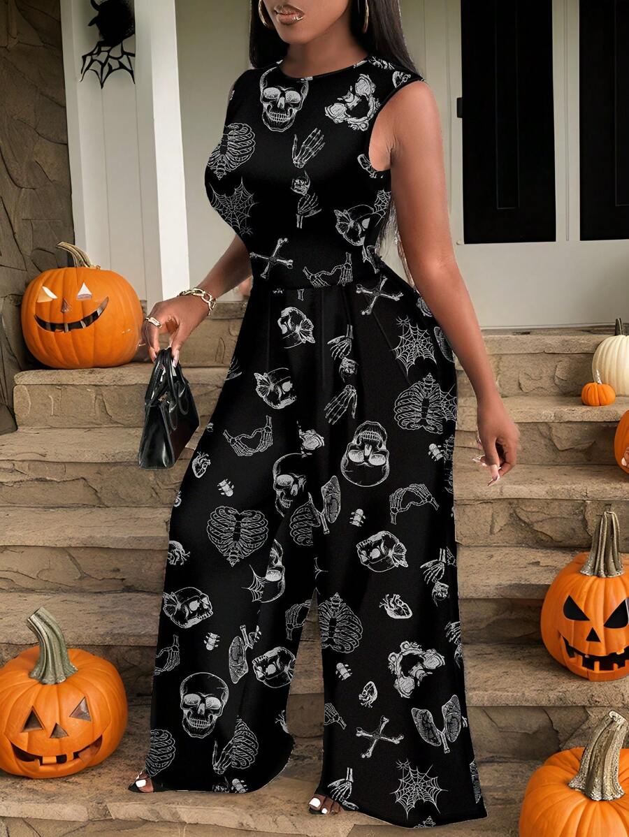 Slaydiva Plus Size Casual Simple Full Print Jumpsuit, Summer Halloween - Black - View 1