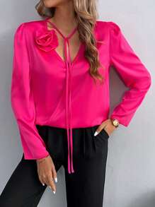 Calvaya Elegant V-Neck Long Sleeve Drawstring Blouse