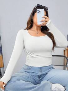 SHEIN EZwear Áo thun ôm dáng dài tay cổ vuông màu trơn cỡ lớn cho nữ, mùa xuân và mùa hè - trắng - Xem 5