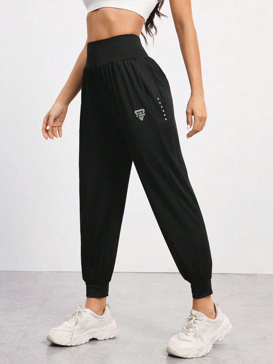 Easithlete Reflective Print High Waist Drawstring Sports Pants - Black - View 1