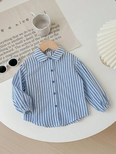 SHEIN LMoss Kids LMoss 女婴时尚百搭条纹长袖衬衫，适合休闲穿着和旅行