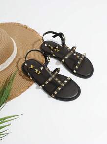 Dép đế bằng kiểu La Mã cho nữ thời trang hở mũi ngoài trời thường ngày bãi biển đường phố đinh tán trang trí bằng mút hoạt tính, màu đen - Gỗ đỏ - Xem 6