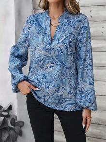 SHEIN LUNE Women's Vacation Plant Print Plunging V-Neck Lantern Sleeve Loose Blouse - Multicolor - View 5