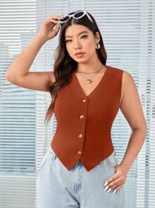 SHEIN EZwear Chaleco de traje de unicolor sin mangas para mujer de talla grande - Rosa Oxidada - Ver 3