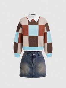 SHEIN MOD Áo len dài tay hở vai họa tiết caro cổ điển màu tương phản dáng rộng cho nữ, mùa thu/đông - Nhiều màu - Xem 1