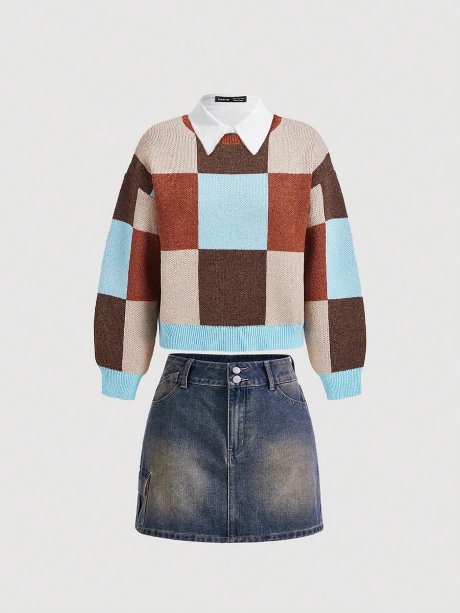 SHEIN MOD Áo len dài tay hở vai họa tiết caro cổ điển màu tương phản dáng rộng cho nữ, mùa thu/đông - Nhiều màu - Xem 1