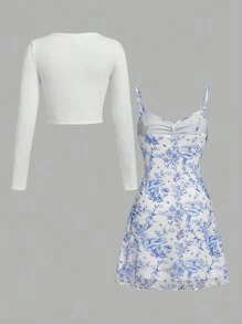 SHEIN Girlism 2 件装少女针织纯色长款开衫和花朵吊带连衣裙休闲装 - 藍白色 - 查看 2