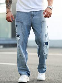 Manfinity LEGND Plus Size Men's Fashion Distressed Denim Jeans - Blue - View 6