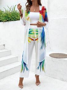 EMERY ROSE Women Fashion Jacket And Pants Suit + Colorful Printed Pattern - White - View 6