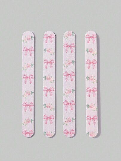 Kawaii 4 piezas/set de limas de uñas de manicura - Herramientas de cuidado de uñas con diseño de lazo rosa