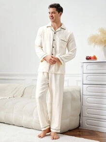2pcs Men's Contrast Binding Pajama Set - Long Sleeve Top And Pants - Champagne - View 5