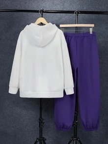 SHEIN 2 件套青少年男童休闲宽松舒适连帽衫和运动裤套装，带卡通字母印花，保暖内衬，加厚 - 紫色 - 查看 2