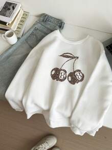 SHEIN EZwear 休闲简约豹纹樱花印花白色圆领长袖厚宽松女式运动衫，秋冬，长袖上衣 - 白色 - 查看 1