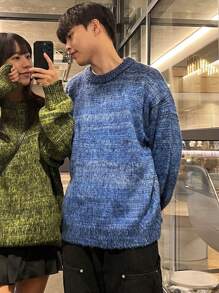 DAZY Áo len nam cổ tròn tay dài màu trơn tối giản thường ngày mùa thu đông - Màu xanh lam - Xem 7