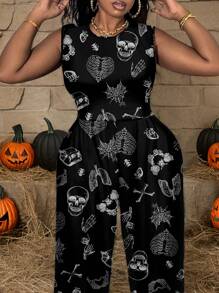 Slaydiva Plus Size Casual Simple Full Print Jumpsuit, Summer Halloween - Black - View 6