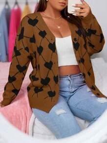 Flirla Plus Size Women's Fall/Winter Casual Heart Print Drop Shoulder Long Sleeve Cardigan