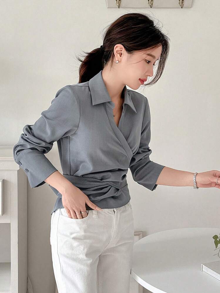 DAZY 1 件女式纯色长袖裹身衬衫，秋季服装 - 霧霾藍 - 查看 8