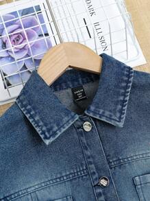 Girls' Sweet Fashion Bowknot Embroidery Loose Comfortable Denim Jacket With Elastic Hem - Dark Wash - View 3