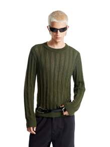 Manfinity VCAY Áo len dệt kim cổ tròn khoét lỗ dáng ôm màu xanh lá cây cho nam, dành cho mùa thu đông - màu xanh lá - Xem 3