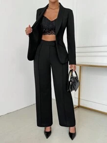 SHEIN SXY 女士优雅单排扣缺口翻领西装外套和裤子套装秋冬女装办公室服装 - 黑色 - 查看 4