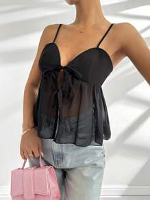 Chiquease Chiffon Sleeveless V-Neck Slim-Fit Camisole With Rope Tie - Black - View 6