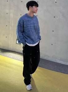 DAZY Áo len nam cổ tròn tay dài màu trơn tối giản thường ngày mùa thu đông - Màu xanh lam - Xem 3