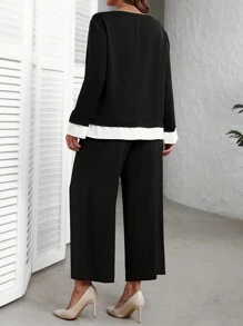 EMERY ROSE 2 Teile Lose Damen Set in Große Größen mit Farbblockdesign, bestehend aus Rundhals Langarm Oberteil und weiter Hose für den Herbst